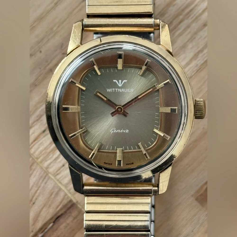 Wittnauer Geneve Ultra Rare Automatic Vintage Watch Gold Case Unique Dial Works